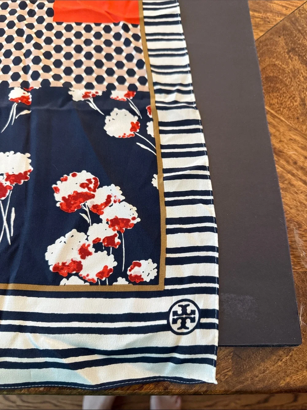 Tory Burch Navy Floral Silk Scarf with Red Panels